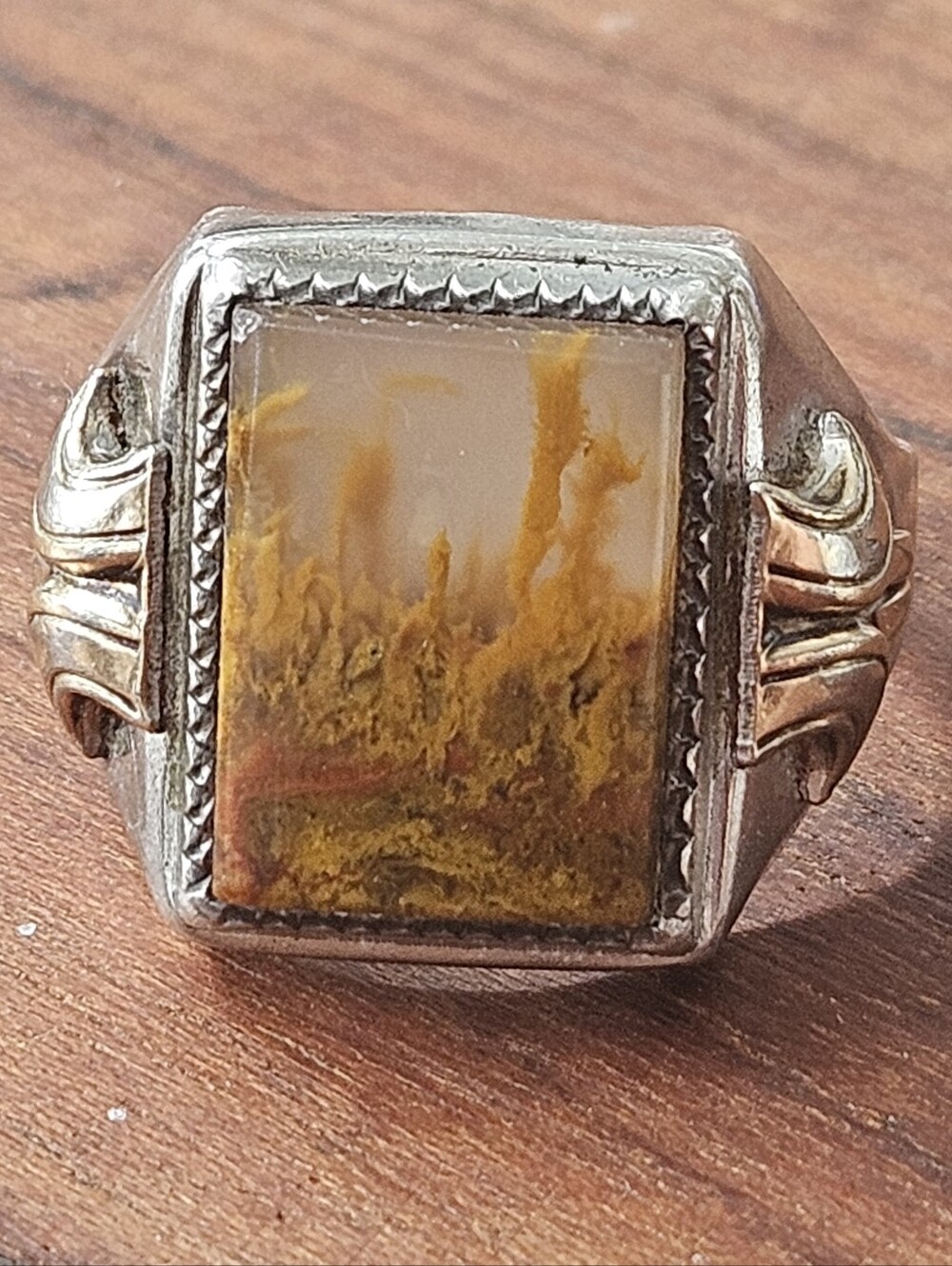 1930s Mens Sterling Silver 10k GF Rectangle Dendritic Agate Ring Size 12